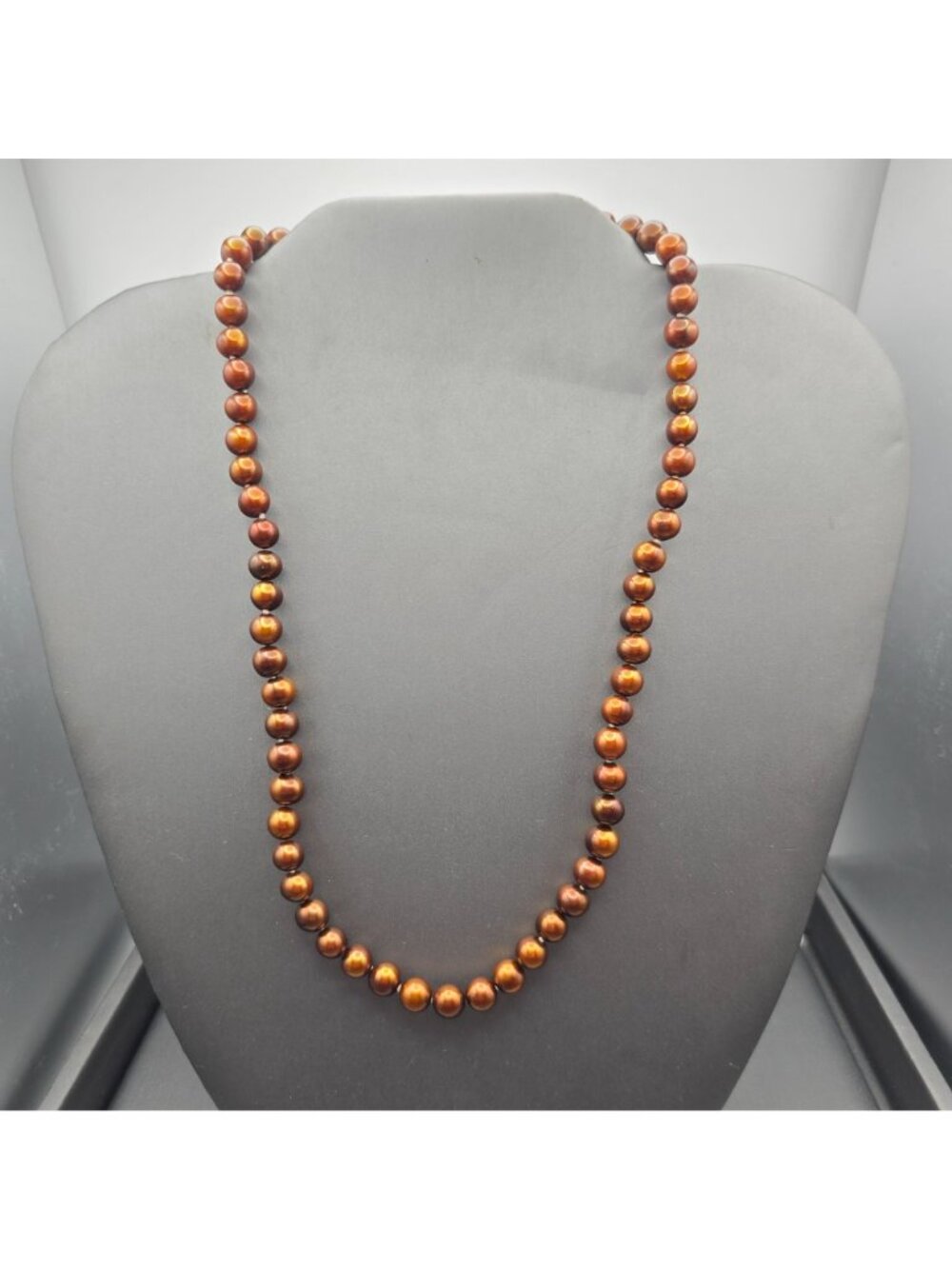 Vintage Bronze Cultured Pearl Necklace 10K Yellow Gold Clasp Hand Knotted 16" - Picture 2 of 10